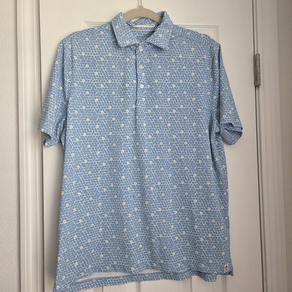 Kenneth Cole Golf Polo Shirt M Blue White Micro Floral Geo Stretch Activewear